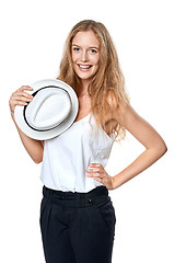 Image showing Happy woman with straw hat