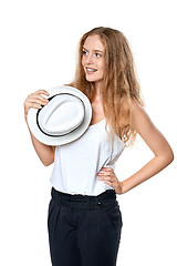 Image showing Happy woman with straw hat