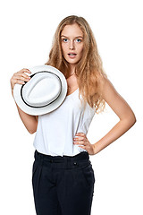 Image showing Surprised woman holding straw hat