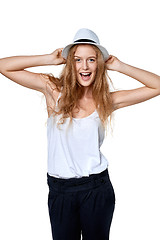 Image showing Happy woman with straw hat