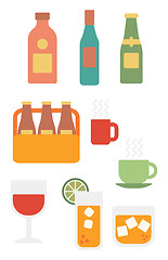 Image showing Various glasses and bottles of alcohol and cups of hot beverages.