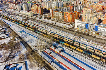 Image showing Train between old and new districts of Tyumen city