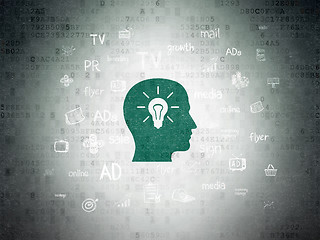 Image showing Advertising concept: Head With Light Bulb on Digital Data Paper background