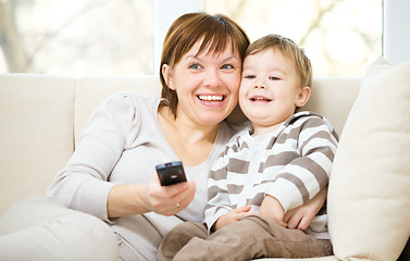 Image showing Mother and her son are watching tv