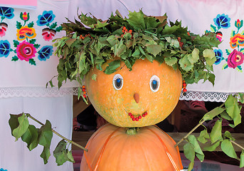 Image showing A fun figurine made of two pumpkins in the form of a girl.