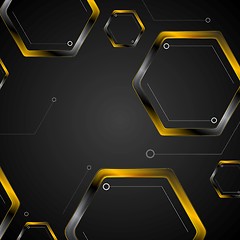 Image showing Dark tech background with black orange hexagons