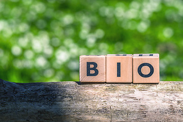 Image showing Wooden bio sign in green surroundings