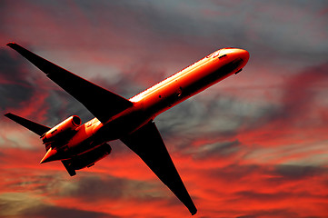 Image showing Air travel - plane and sunset