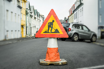 Image showing Roadwork sign on a cone