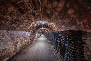 Image showing Long underground brick tunnel in the wine cellar