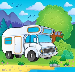 Image showing Camping van on lake shore