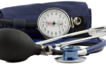 Image showing Blue Stethoscope & blood-pressure device isolated on white