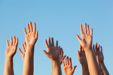 Image showing Group of people raising their hands in the air