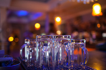 Image showing Clean glassware on the counter of a nightclub