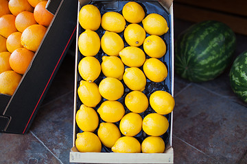 Image showing Fresh lemons in an open cardboard box for sale