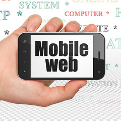 Image showing Web design concept: Hand Holding Smartphone with Mobile Web on display