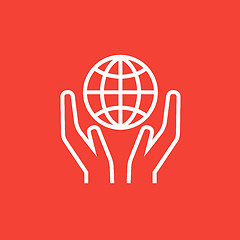 Image showing Two hands holding globe line icon.