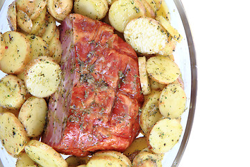 Image showing smoked meat and raw potatoes 