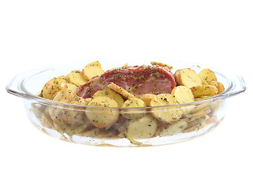 Image showing smoked meat and raw potatoes 