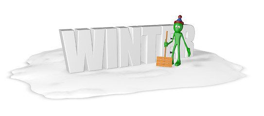 Image showing cartoon guy with snow shovel and the word winter - 3d rendering