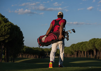 Image showing golfer  walking and carrying golf  bag