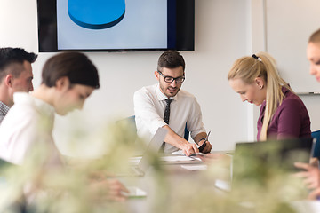 Image showing young business people group on team meeting at modern office