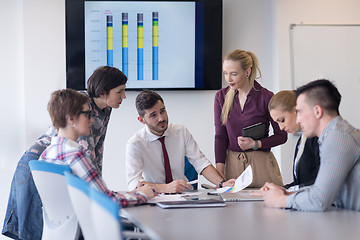 Image showing young business people group on meeting at modern office