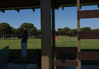 Image showing golf player practicing shot on training