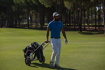 Image showing golf player walking with wheel bag