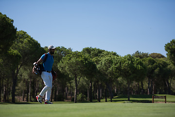 Image showing golf player walking and carrying bag