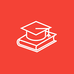 Image showing Graduation cap laying on book line icon.