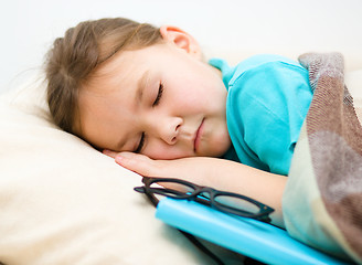 Image showing Girl is sleeping with her book and glasses