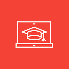 Image showing Laptop with graduation cap on screen line icon.