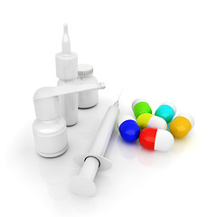 Image showing Syringe, tablet, pill jar. 3D illustration