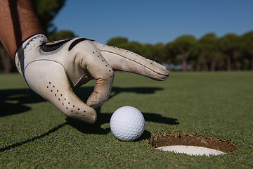 Image showing man\'s hand putting golf ball in hole