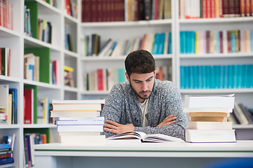 Image showing portrait of student while reading book  in school library