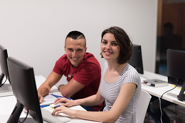 Image showing technology students group working  in computer lab school  class