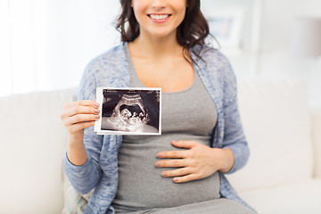 Image showing close up of pregnant woman with ultrasound image