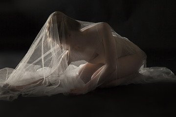 Image showing woman under transparent textile over black