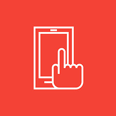 Image showing Finger pointing at smart phone line icon.