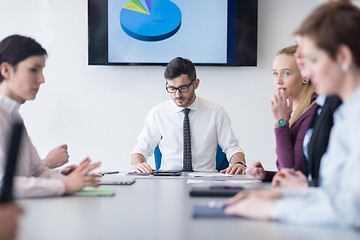 Image showing young business people group on team meeting at modern office