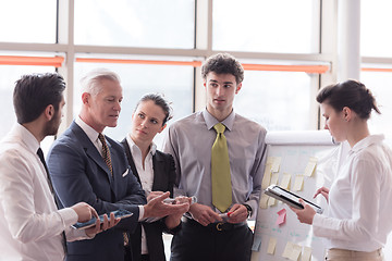 Image showing young startup businessman making presentation to senior investio