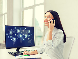 Image showing smiling businesswoman or student with smartphone