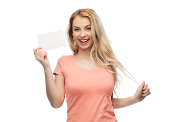Image showing happy woman or teen girl with blank white paper