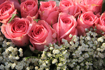 Image showing Pink roses and baby breath bouquet