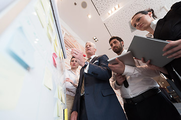 Image showing business people group brainstorming and taking notes to flipboar