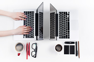 Image showing Hands of people working in the office. Technology.