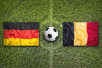 Image showing Germany vs. Belgium flags on soccer field