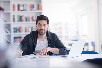 Image showing student in school library using laptop for research