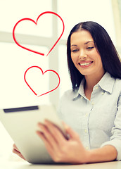 Image showing smiling businesswoman or student with tablet pc